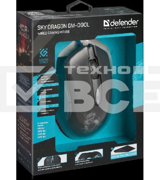 Мышь проводная Defender Sky Dragon GM-090L черный, 3200 dpi, USB, кнопки - 6