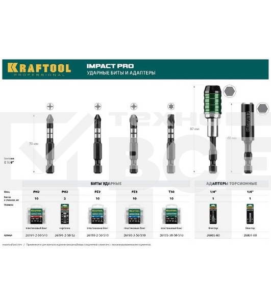 Биты KRAFTOOL Impact Pro, Philips, тип хвостовика E 1/4