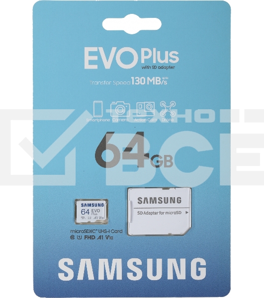 Флеш карта microSDXC 64GB Samsung EVO Plus Memory Card Samsung UHS-I U1 Class 10, Adapter, 130 MB/s, 10000 циклов, - 25°C to 85°C, RTL Samsung MB-MC64KA