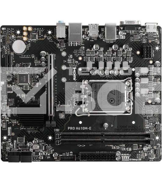 Материнская плата MSI PRO H610M-E, LGA 1700, Intel H610, 2xDDR5, 4xSATA, 1xM.2, 1xPCIe 4.0 x16, 1xPCIe 4.0 x1, 1xHDMI, 1xVGA, 1xRJ45 1Gb, 2xUSB-A 3.2 Gen 1, 4xUSB-A 2.0, 3x3.5мм, 7.1, mATX