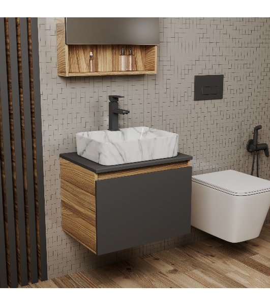 Комплект: тумба Bau Dream Blackwood графит 60, 1 ящик, раковина прямоугольная BAU Cerama 48х37, мрамор, смеситель Hotel Black, черный матовый