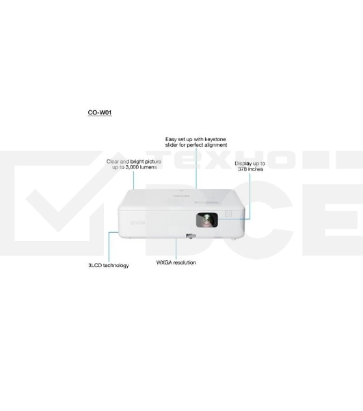 Проектор Epson CO-W01 white (LCD, 1280×800, 3000Lm, 1,27-1,71:1, 300:1, HDMI, USB-A) (V11HA86040)