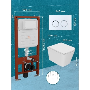 Комплект BAU 6 в 1: усиленная инсталляция BAU IDEAL, унитаз подвесной безободковый торнадо обратного потока Bau Stil 52х36 Hurricane-2, сиденье дюропласт микролифт, клавиша BAU Round, белый/хром