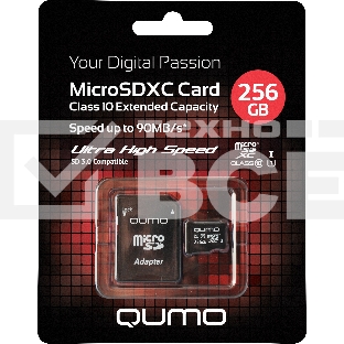 Карта памяти QUMO MicroSDXC 256 GB UHS-I, 3.0 , адаптер в комплекте SD, R/W 90/20 MB/s черно-красная картонная упаковка