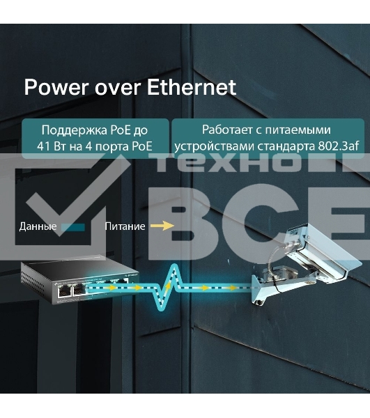 Коммутатор 5-Port 10/100Mbps Unmanaged Switch with 4-Port PoE, meta case, desktop mount, PoE budget 41W.