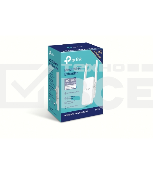 Усилитель TP-Link Wi-Fi сигнала AC1200 OneMesh Wi-Fi Range Extender/Signal Amplifier, dual-band Wi-Fi, two external antennas, 1 10/100Mbps port, 1 WPS button, supports RE/AP mode, Smart signal indicator, easy setup/management via Tether APP/Web UI.