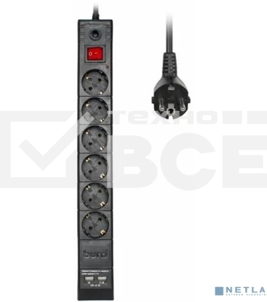 Сетевой фильтр Buro BU-SP1.8_USB_2A-B 1.8м (6 розеток) черный (коробка)