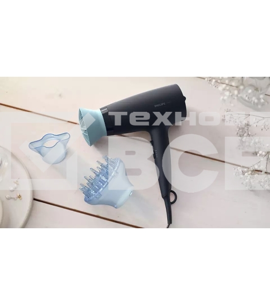 Фен Philips Фен Philips/ 2100 Вт, 6 режимов, ионизация, ThermoProtect, концентратор, диффузор, шнур 1,8 м. Цвет: синий.