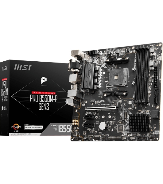 Материнская плата MSI PRO B550M-P GEN3, AM4, AMD B550, 4xDDR4, 4xSATA, 1xM.2, 1xPCI-E 3.0 x16, 2xPCI-E 3.0 x1, 1xDVI-D, 1xHDMI, 1xVGA, 1x1Gb LAN, 4xUSB 2.0, 4xUSB 3.2 Gen 1, 3x3.5 мм, 7.1, Micro-ATX