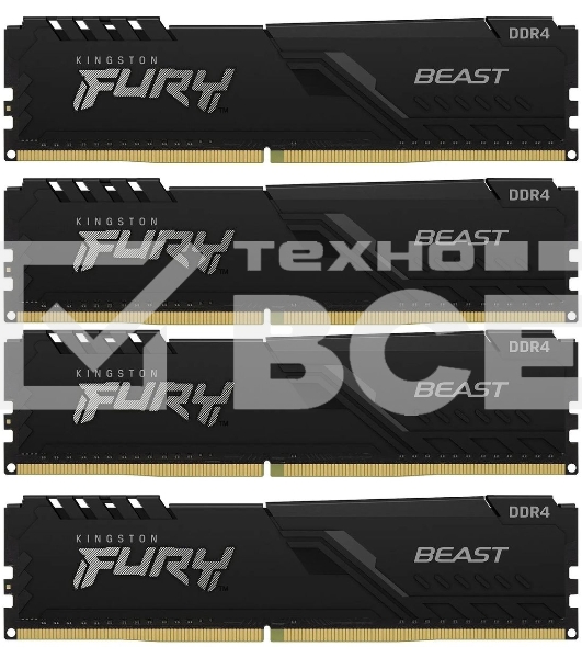 Оперативная память Kingston Fury Beast, DDR4, 128GB (4x32 GB), 3600 MHz, CL18, DIMM, с радиатором, чёрный