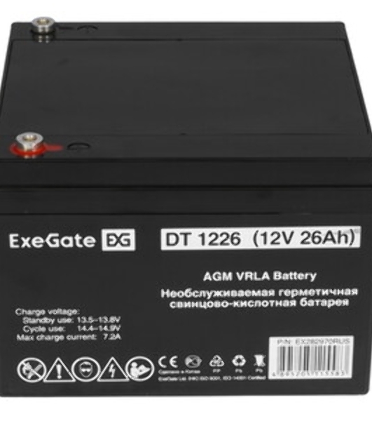 Комплект источника бесперебойного питания Exegate EX295986RUS + батарея 26Aч EX282970RUS 1шт (инвертор, синус, для котла) ExeGate SineTower SZ-600.LCD.AVR.1SH <600VA/360W, чистый синусоида, LCD дисплей, AVR, 1*Schuko, линейно-интерактивный, Black> + батарея ExeGate DT 1226 (12В, 26Ач) 1шт