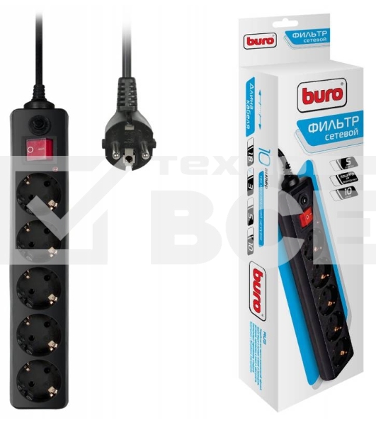 Сетевой фильтр BURO Сетевой фильтр, 5 розеток, 3 метра, (500SH-3-B), черный 992293
