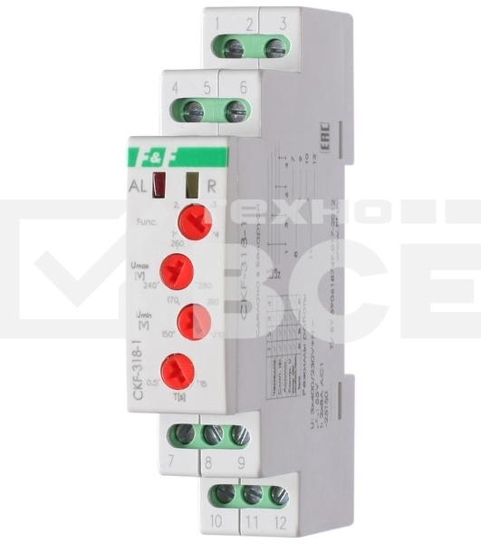 Реле контроля наличия и чередования фаз CKF-318-1 (контроль чередования; слипания фаз; регулировка верх. и нижн. порога напряжения; регулировка задержки отключения; 1 модуль; монтаж на DIN-рейке)(аналог РНПП-311М) F&F EA04.002.007