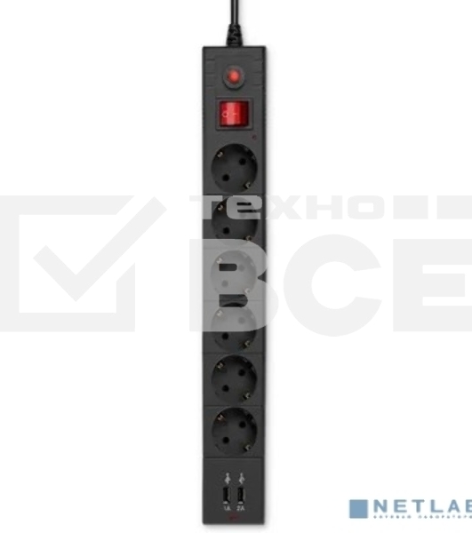 Сетевой фильтр Buro BU-SP1.8_USB_2A-B 1.8м (6 розеток) черный (коробка)