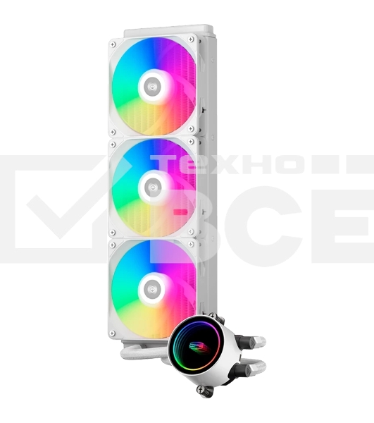 Система охлаждения/ PCCooler DA360 ARGB WH (280W, 360mm, White, ARGB/ Fans: 3x120mm, 72.1CFM, 33.8dBA, 1800RPM/ Pump height 55mm, 28dBA, 3000RPM, Rad thickness 27mm/ S: 1851, 1700, 1200, 20XX, 115X, AM5, AM4)