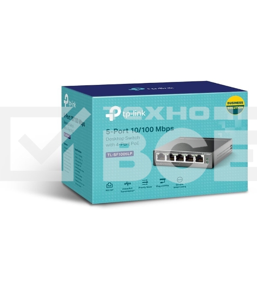 Коммутатор 5-Port 10/100Mbps Unmanaged Switch with 4-Port PoE, meta case, desktop mount, PoE budget 41W.