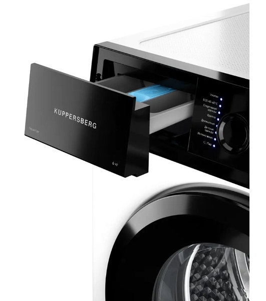 Стиральная машина Kuppersberg WM 420 W, отдельностоящая, 44 см, загрузка 6 кг, 16 программ, 1000 об/мин, LED дисплей, инверторный двигатель, пар, самодиагностика, отложенный старт, предварительная стирка, сенсорное/механическое управление, блокировка от детей, энергоэффективность А++, уровень шума до 76 дБ, белый