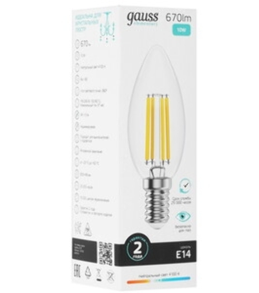 Лампа светодиодная филаментная Gauss Filament 10Вт цок.: E14 свеча св. свеч. бел. теп. (упак.: 10 шт)