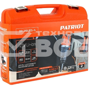 Дрель-шуруповерт Patriot BR 216UES-h, Аккумуляторная, 21В, 2 АКБ, Кейс