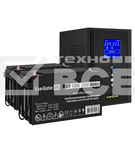 Комплект Источник бесперебойного питания EX295987RUS + батарея 65Aч EX282980RUS 2шт (инвертор, синус, для котла) ExeGate SineTower SZ-1000.LCD.AVR.2SH.1C13.USB <1000VA/800W, чистый синусоида, LCD дисплей, AVR, 2*Schuko+1*C13, USB, линейно-интерактивный, B