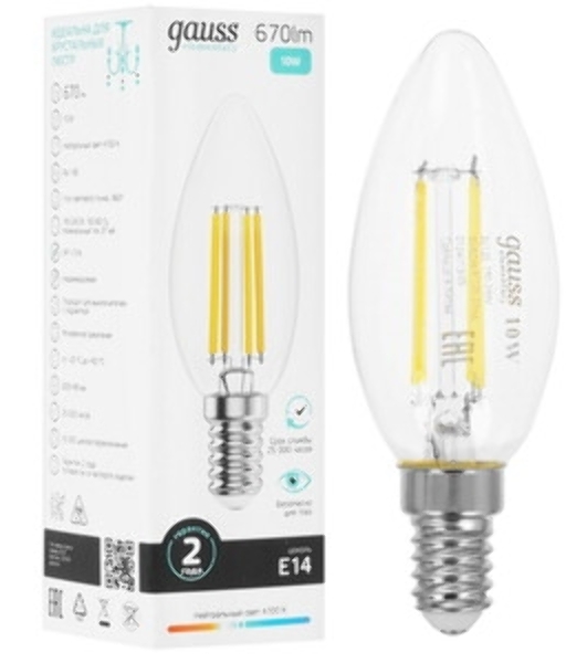 Лампа светодиодная филаментная Gauss Filament 10Вт цок.: E14 свеча св. свеч. бел. теп. (упак.: 10 шт)