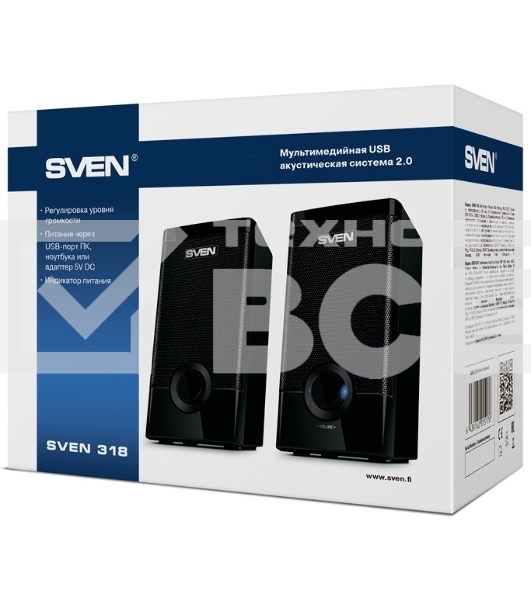 Колонки Sven 318 черный {USB-порт ПК, ноутбука или адаптер 5V DC}