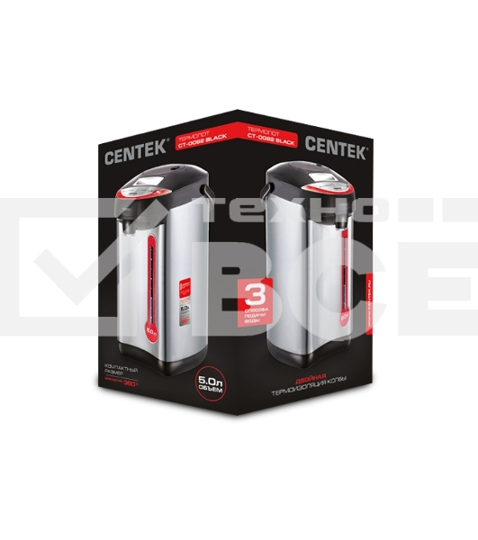 Термопот Centek CT-0082 черный, 5л, 750Вт, 3 способа подачи воды, корпус из нержавеющей стали