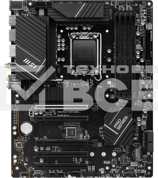 Материнская плата MSI PRO B760-P WIFI DDR4, LGA 1700, Intel B760, 4xDDR4, 4xSATA, 2xM.2, 1xPCIe 4.0 x16, 1xPCIe 4.0 x4, 3xPCIe 3.0 x1, 1xHDMI, 1xDP, 1xRJ45 2.5Gb, Wi-Fi 6E, Bluetooth 5.3, 1xUSB-C 3.2 Gen 2, 2xUSB-A 3.2 Gen 2, 4xUSB-A 2.0, 5x3.5мм, TOSLINK
