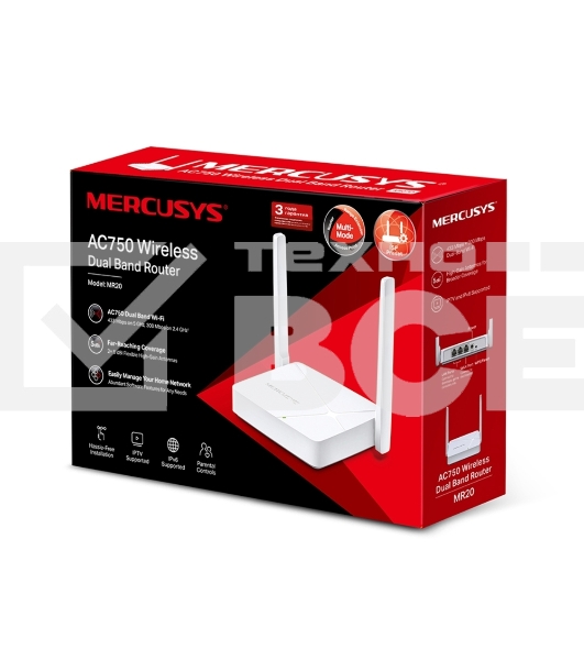 Роутер AC750 Dual-Band Wi-Fi RouterSPEED: 300 Mbps at 2.4 GHz + 433 Mbps at 5 GHzSPEC: 2× Fixed External Antennas, 2× 10/100 Mbps LAN Ports, 1× 10/100 Mbps WAN PortFEATURE: Router/Access Point Mode Mode, WPS/Reset Button, IPTV, IPv6, Parental Controls
