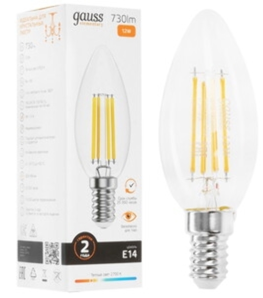 Лампа светодиодная филаментная Gauss Filament 12Вт цок.:E14 свеча св.свеч.бел.нейт. (упак.:10шт)