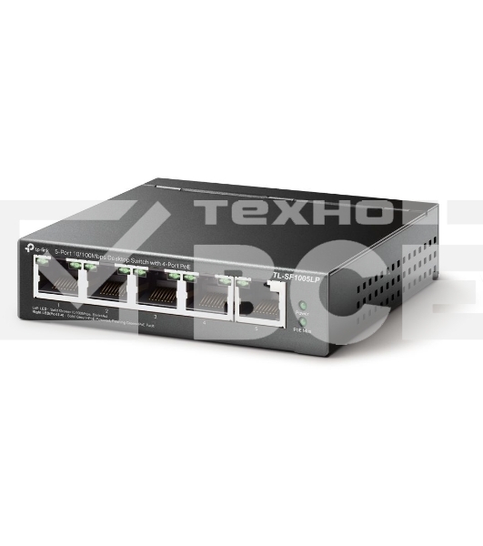 Коммутатор 5-Port 10/100Mbps Unmanaged Switch with 4-Port PoE, meta case, desktop mount, PoE budget 41W.