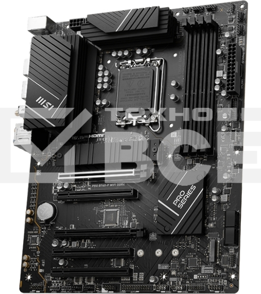 Материнская плата MSI PRO B760-P WIFI DDR4, LGA 1700, Intel B760, 4xDDR4, 4xSATA, 2xM.2, 1xPCIe 4.0 x16, 1xPCIe 4.0 x4, 3xPCIe 3.0 x1, 1xHDMI, 1xDP, 1xRJ45 2.5Gb, Wi-Fi 6E, Bluetooth 5.3, 1xUSB-C 3.2 Gen 2, 2xUSB-A 3.2 Gen 2, 4xUSB-A 2.0, 5x3.5мм, TOSLINK