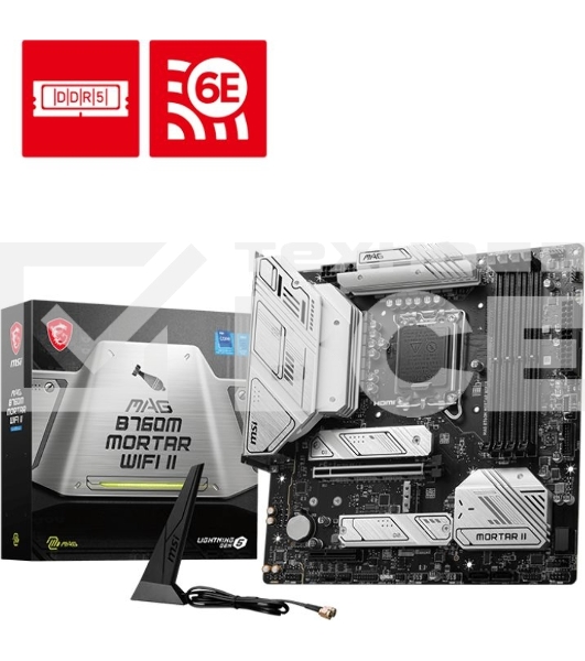 Материнская плата MSI MAG B760M MORTAR WIFI II, LGA 1700, Intel B760, 4xDDR5, 4xSATA, 3xM.2, 1xPCIe 5.0 x16, 1xPCIe 4.0 x4, 1xHDMI, 1xDP, 1xUSB Type-C, 1x2.5Gb LAN, 3xUSB-A 2.0, 3xUSB-A 3.2 Gen 2, 5x3.5 мм, 7.1, mATX