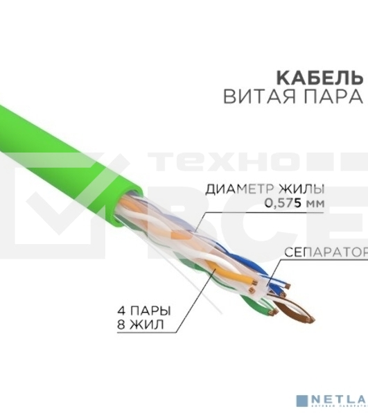 Кабель витая пара U/UTP, CAT 6, нг(А)-LSLTx, 4х2х0,575мм, 23AWG, INDOOR, SOLID, зеленый, 305м Rexant