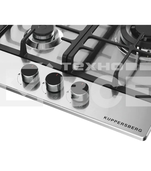Варочная поверхность Kuppersberg FS 46 X, газ, High-Tech, 45 см, автоматический электроподжиг, газ-контроль, форсунки под сжиженый газ, SABAF конфорки, чугунные решетки, цвет нержавеющая сталь, цвет фурнитуры черный