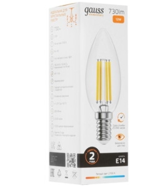 Лампа светодиодная филаментная Gauss Filament 12Вт цок.:E14 свеча св.свеч.бел.нейт. (упак.:10шт)