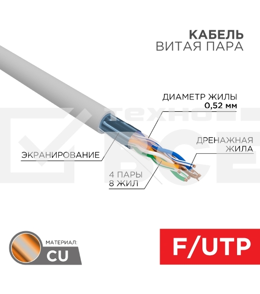 Кабель витая пара Rexant F/UTP, CAT 5e, PVC нг(А)-LS, 4х2х0,52мм, 4PR, 24AWG, INDOOR, SOLID, серый, 305м, РФ