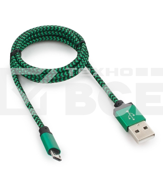 Кабель Gembird  USB 2.0 Cablexpert CC-mUSB2gn1m, AM/microBM 5P, 1м, нейлоновая оплетка, алюминиевые разъемы, зеленый, пакет