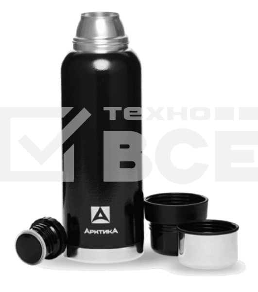Термос Арктика 106-1200 черный, узкое горло 1,2 л, американский дизайн, антивандальное покрытие, две чашки, холод/тепло 32 ч
