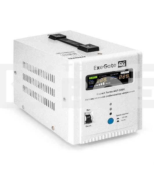 Стабилизатор напряжения ExeGate Expert Turbo AST-3000 (3000ВА, вход 80-260В, цветной дисплей, выход 220В±8%, КПД 98%, 5 уровней защиты, метал. корпус, 2*Schuko+клем.колодка, RTL)