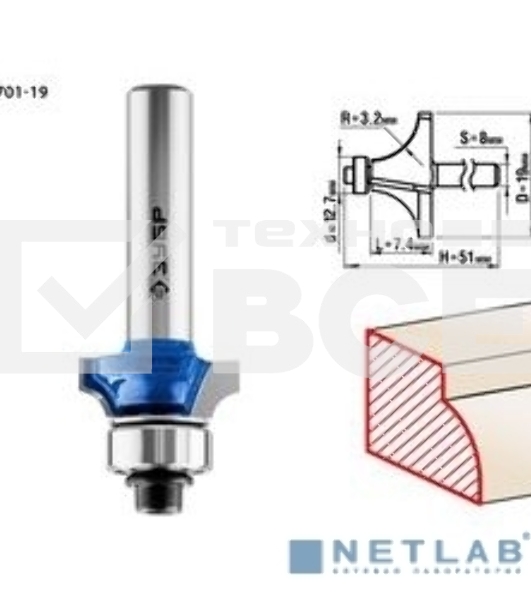 Фреза кромочная калевочная Зубр №1, D= 19мм, рабочая длина-7,4мм, радиус-3,2мм, хв.-8мм, d-12,7мм, Зубр Профессионал 28701-19