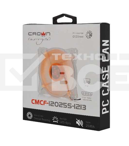 Вентилятор для корпуса Crown CMCF-12025S-1213 прозрачный/оранжевый, 120 мм, 1650 об/мин, 28 дБ, 3 pin