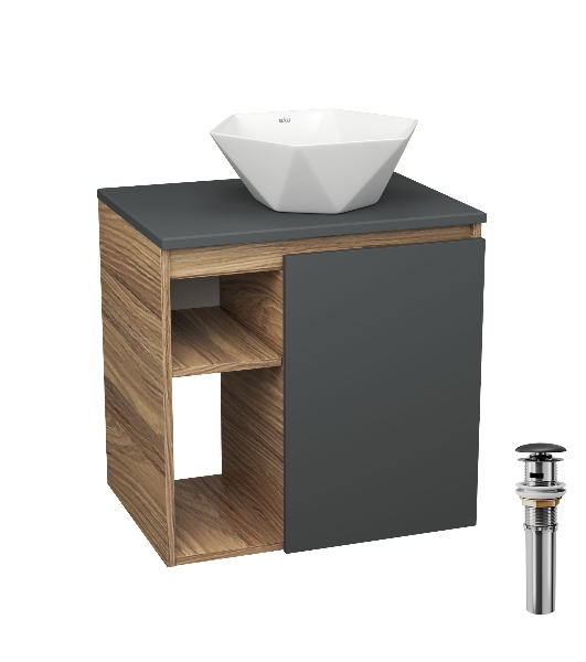 Тумба Bau Dream Blackwood 60 правая, графит, раковина BAU Crystal 40х40, выпуск клик клак, черный