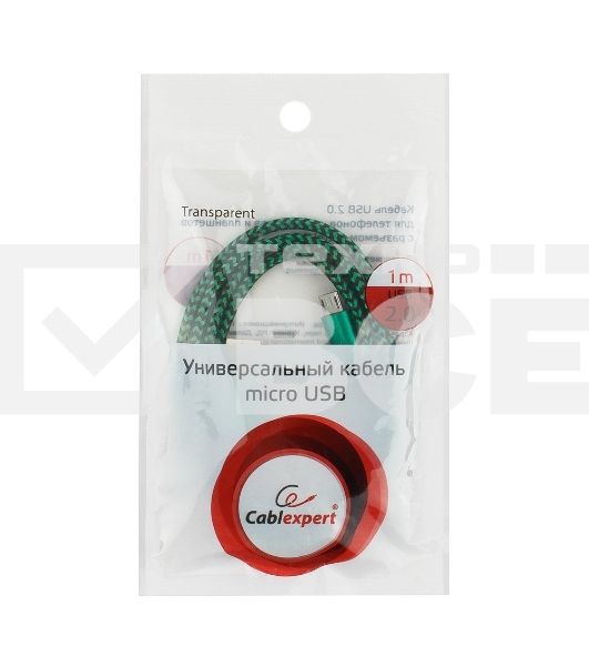 Кабель Gembird  USB 2.0 Cablexpert CC-mUSB2gn1m, AM/microBM 5P, 1м, нейлоновая оплетка, алюминиевые разъемы, зеленый, пакет