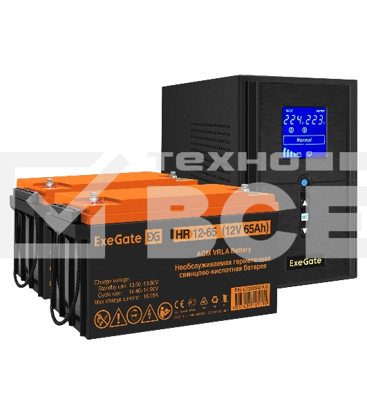 Комплект ИБП EX295987RUS + батарея 65Aч EX282982RUS 2шт (инвертор, синус, для котла) ExeGate SineTower SZ-1000.LCD.AVR.2SH.1C13.USB <1000VA/800W, чистый синусоида, LCD дисплей, AVR, 2*Schuko+1*C13, USB, линейно-интерактивный, Black> + батарея ExeGate HR 1
