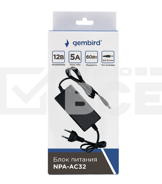 Блок питания Gembird NPA-AC32, 12В/5А, 60Вт, 1 штекер 5,5х2,5мм, черный