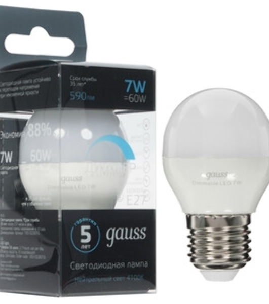 Лампа светодиодная Шар Gauss 7W 550lm 6500K Е27 шаг. диммирование LED
