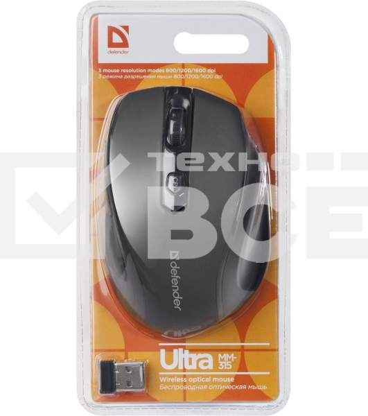 Мышь беспроводная Defender Ultra MM-315 черный, 1600 dpi, радиоканал, USB, кнопки - 6