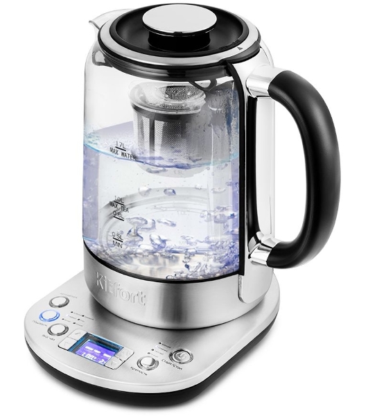 Чайник электрический Kitfort KT-6116 1.7 л, 2200 Вт, нержавеющая сталь/черный (корпус: стекло)