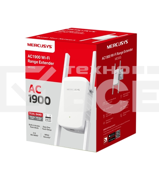 Роутер AC1900 Wi-Fi Range ExtenderSPEED: 600 Mbps at 2.4 GHz + 1300 Mbps at 5 GHz SPEC:  4× Fixed External Antennas, 1× Gigabit Port, Wall PluggedFEATURE: MERCUSYS APP, WPS/Reset Button, Signal Indicator, Range Extender/Access Point mode, Adaptive Path